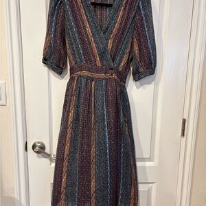 Chic Striped Midi Dress in Blue, Brown, and Orange